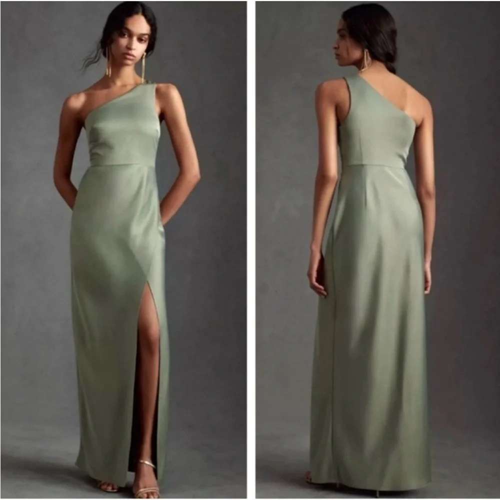 BHLDN Anthropologie Dylan One Shoulder Satin Side Slit Gown Green NEW Size 6 - Picture 10 of 13